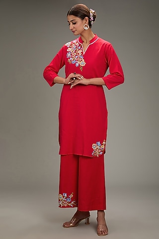 Red Cotton Linen Hand & Machine Embroidered Kurta Set by TARINI VIJ