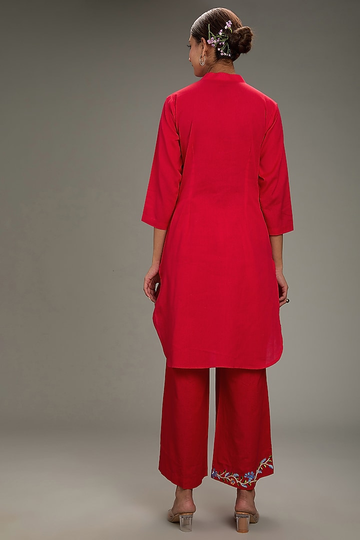 Red Cotton Linen Hand & Machine Embroidered Kurta Set by TARINI VIJ at Pernia's Pop Up Shop