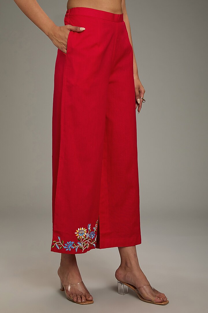Red Cotton Linen Hand & Machine Embroidered Kurta Set by TARINI VIJ at Pernia's Pop Up Shop