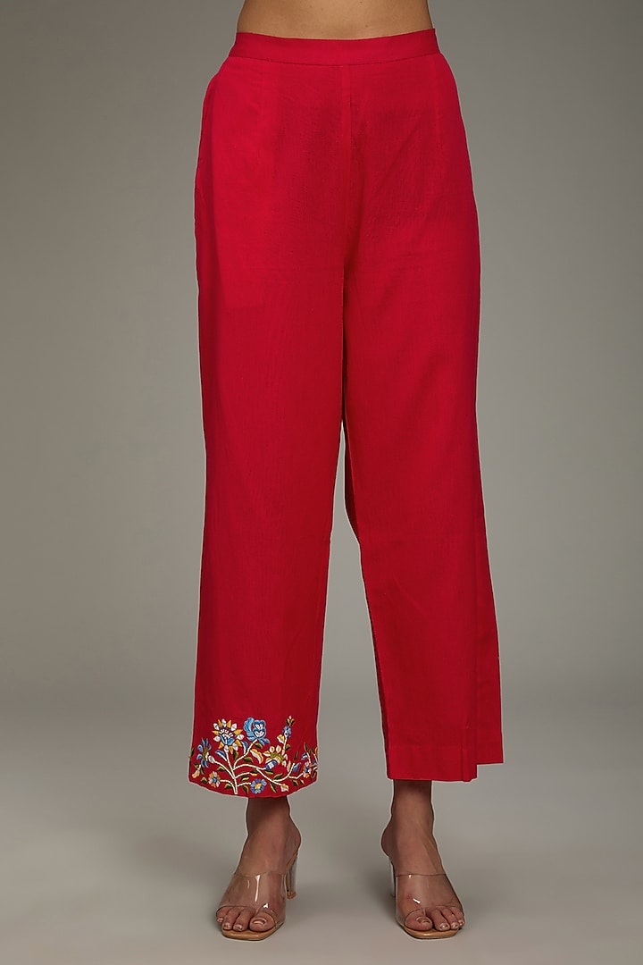Red Cotton Linen Hand & Machine Embroidered Short Kurta Set by TARINI VIJ at Pernia's Pop Up Shop