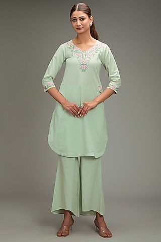 Green Cotton Linen Hand & Machine Embroidered Kurta Set by TARINI VIJ