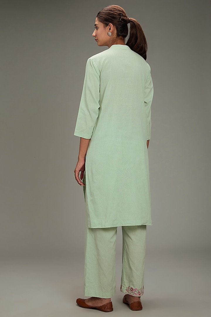 Green Cotton Linen Hand & Machine Embroidered Kurta Set by TARINI VIJ at Pernia's Pop Up Shop