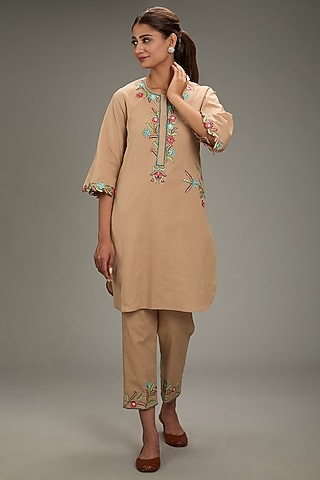 Beige Cotton Linen Cutwork Embroidered Kurta Set by TARINI VIJ