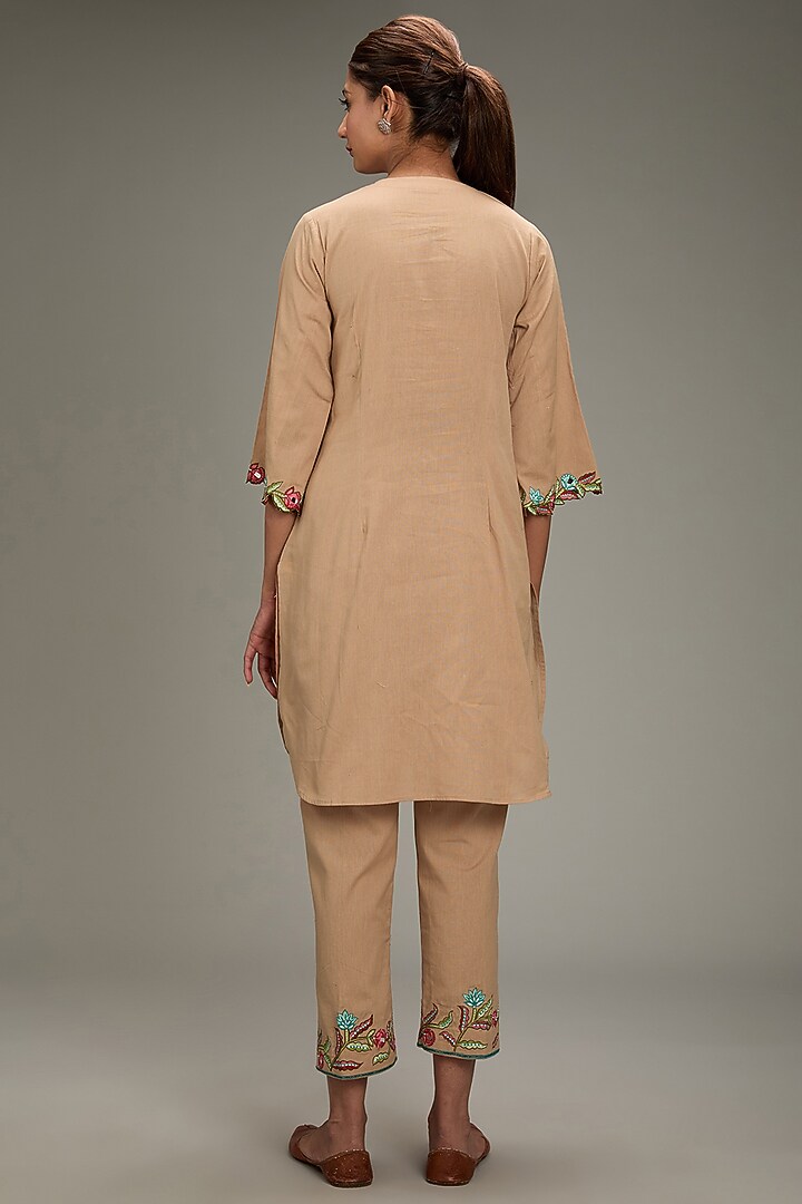 Beige Cotton Linen Cutwork Embroidered Kurta Set by TARINI VIJ at Pernia's Pop Up Shop