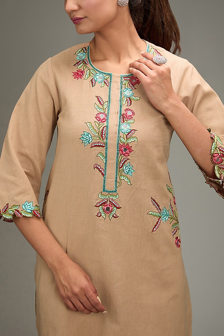 Beige Cotton Linen Cutwork Embroidered Kurta Set by TARINI VIJ at Pernia's Pop Up Shop