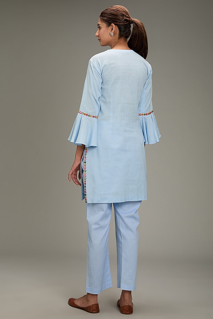 Blue Cotton Linen Mirror Embroidered Kurta Set by TARINI VIJ at Pernia's Pop Up Shop