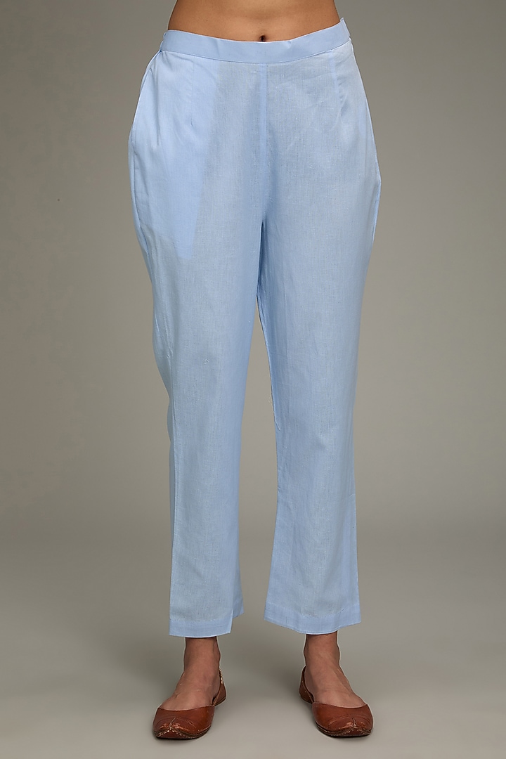 Blue Cotton Linen Mirror Embroidered Kurta Set by TARINI VIJ at Pernia's Pop Up Shop