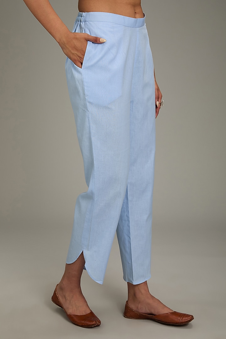 Blue Cotton Linen Hand & Machine Embroidered Kurta Set by TARINI VIJ at Pernia's Pop Up Shop