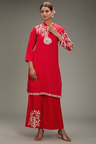 Red Cotton Linen Hand & Machine Embroidered Kurta Set by TARINI VIJ