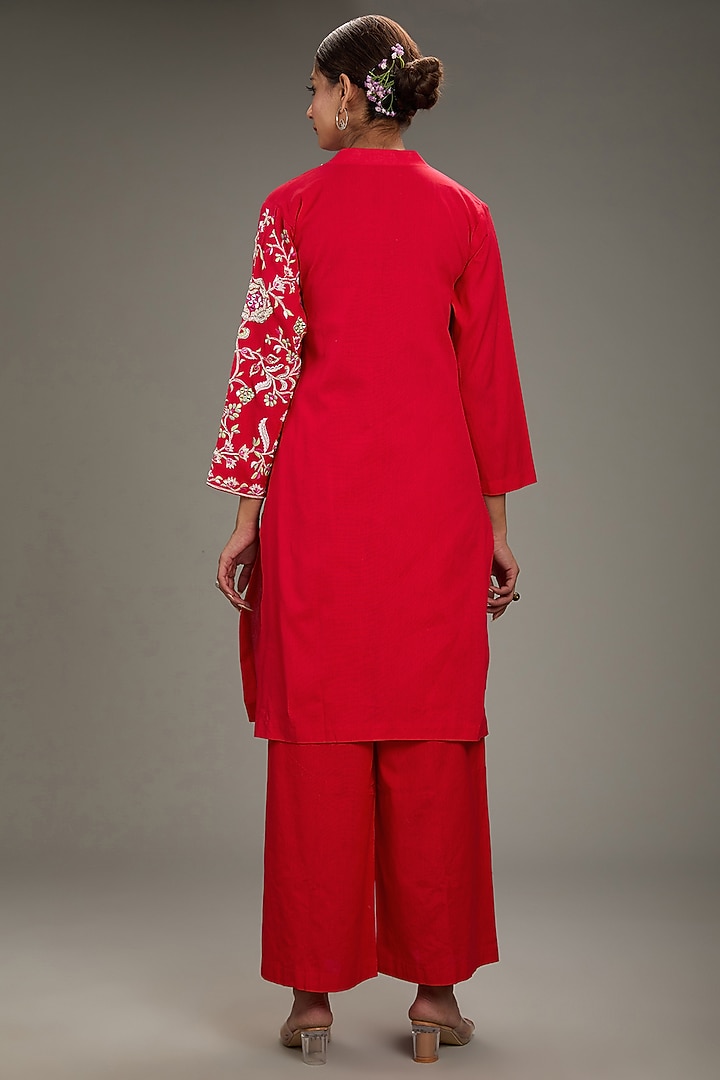 Red Cotton Linen Hand & Machine Embroidered Kurta Set by TARINI VIJ at Pernia's Pop Up Shop
