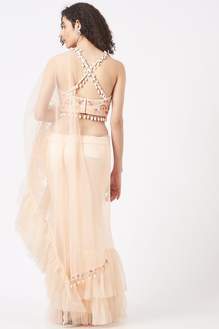 Baby Pink Net Ruffled Pre-Stitched Wedding Saree Set by TARINI VIJ at Pernia's Pop Up Shop
