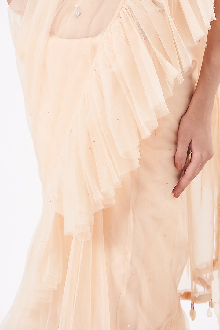 Baby Pink Net Ruffled Pre-Stitched Wedding Saree Set by TARINI VIJ at Pernia's Pop Up Shop