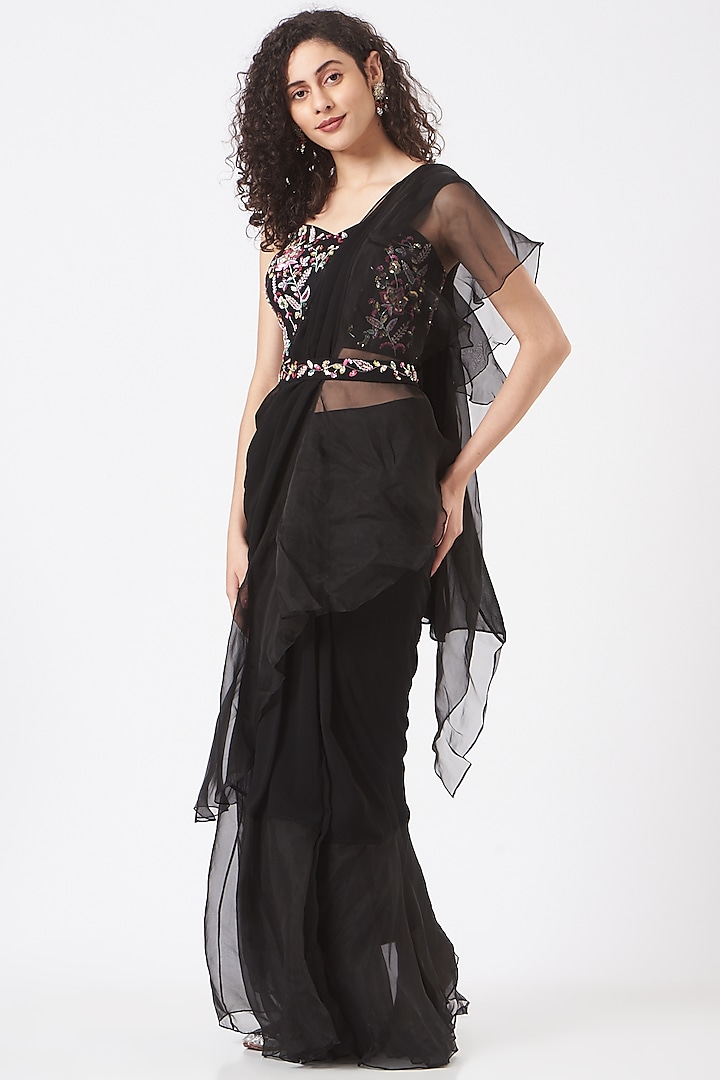 Black Georgette Pre-Stitched Saree Set by TARINI VIJ