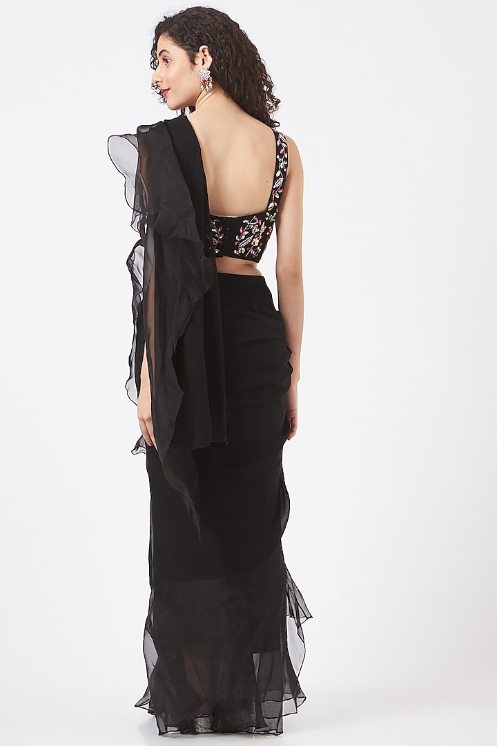 Black Georgette Pre-Stitched Party Wear Saree Set by TARINI VIJ at Pernia's Pop Up Shop