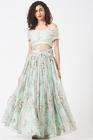 Turquoise Net Floral Printed Lehenga Set by TARINI VIJ