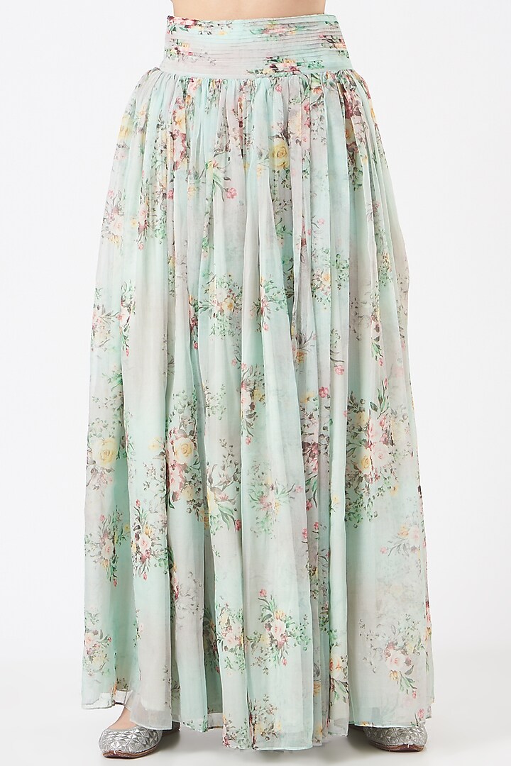 Turquoise Net Floral Printed Lehenga Set by TARINI VIJ at Pernia's Pop Up Shop