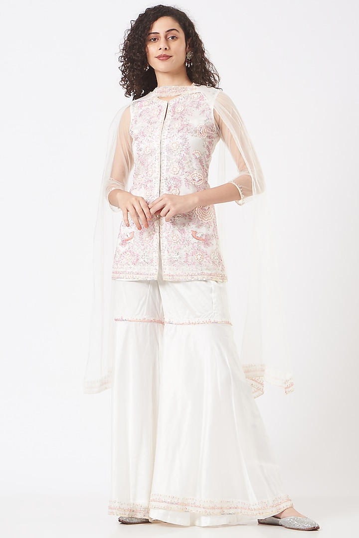 White Net Sharara Set by TARINI VIJ