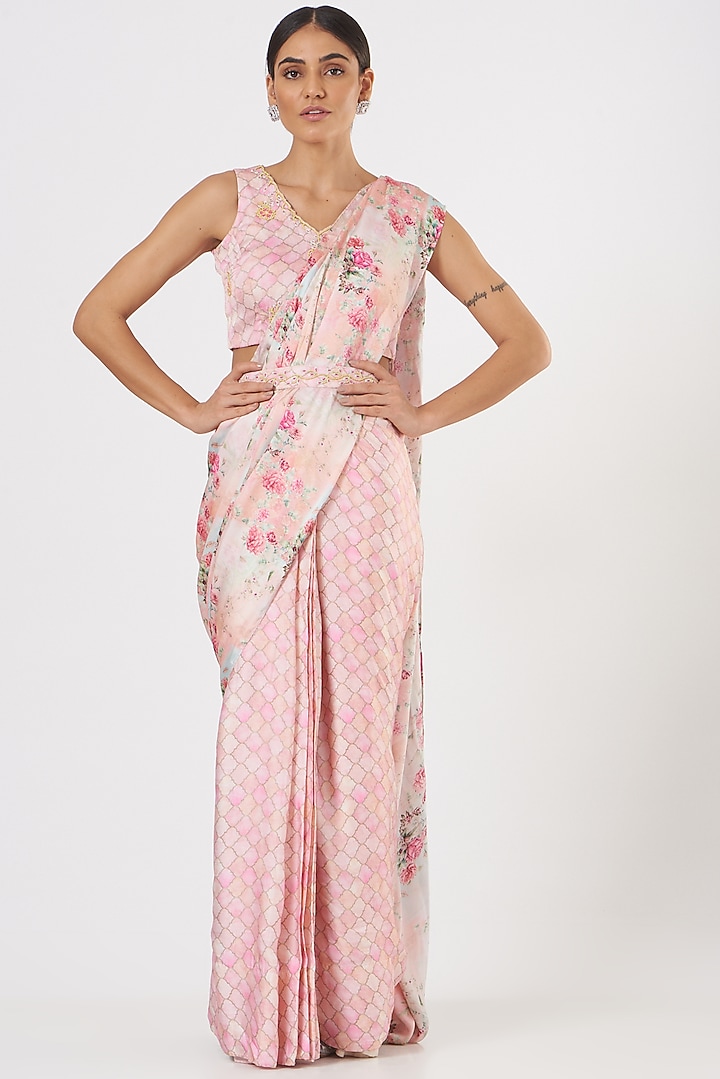 Blush Pink Pre Pleated Party Wear Saree Set by TARINI VIJ at Pernia's Pop Up Shop