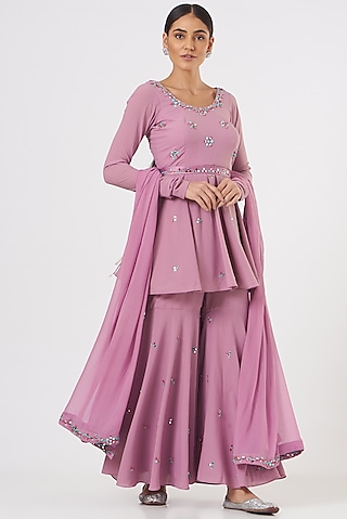 Mauve Embroidered Sharara Set by TARINI VIJ