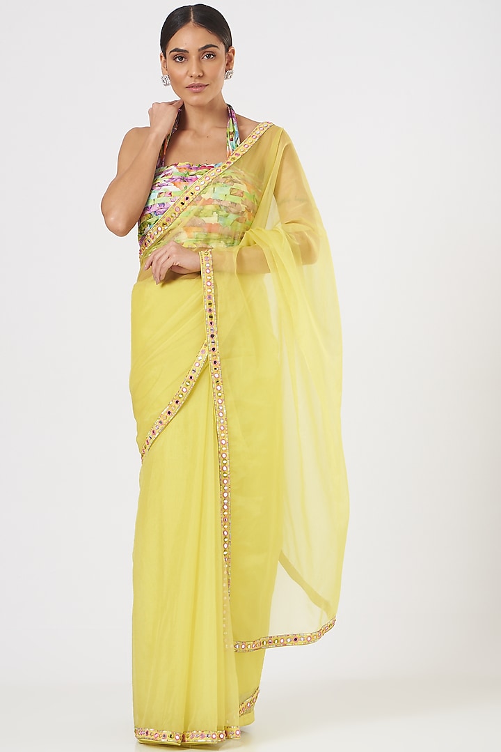 Yellow Embroidered Pre Pleated Saree Set by TARINI VIJ