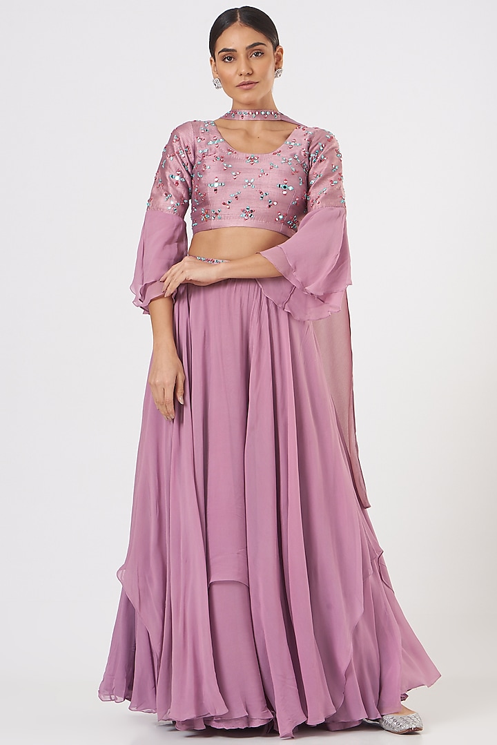 Mauve Georgette Lehenga Set by TARINI VIJ