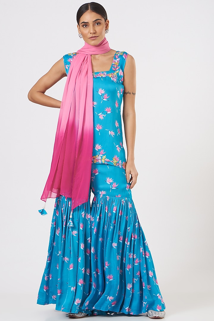 Cobalt Blue Embroidered Gharara Set by TARINI VIJ at Pernia's Pop Up Shop