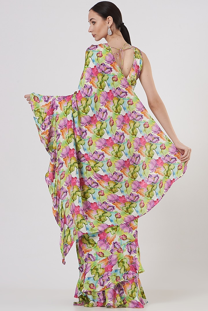 Multi-Colored Imported Sarin Floral Printed Party Wear Gown Saree by TARINI VIJ at Pernia's Pop Up Shop