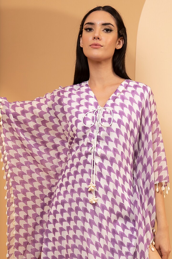 Lilac & Green Printed Kaftan by TARINI VIJ at Pernia's Pop Up Shop