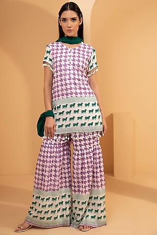 Lilac & Green Printed Gharara Set by TARINI VIJ