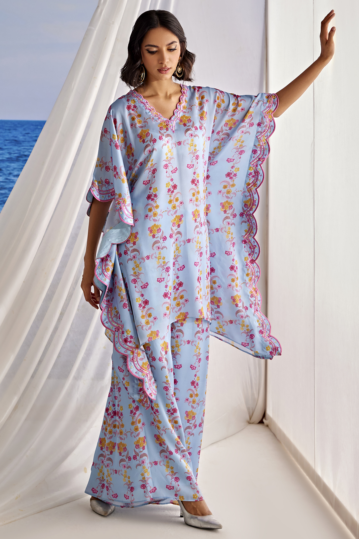 Powder Blue Satin Georgette Digital Printed & Hand Embroidered Kaftan Set by TARINI VIJ at Pernia's Pop Up Shop