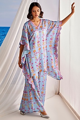 Powder Blue Satin Georgette Digital Printed & Hand Embroidered Kaftan Set by TARINI VIJ