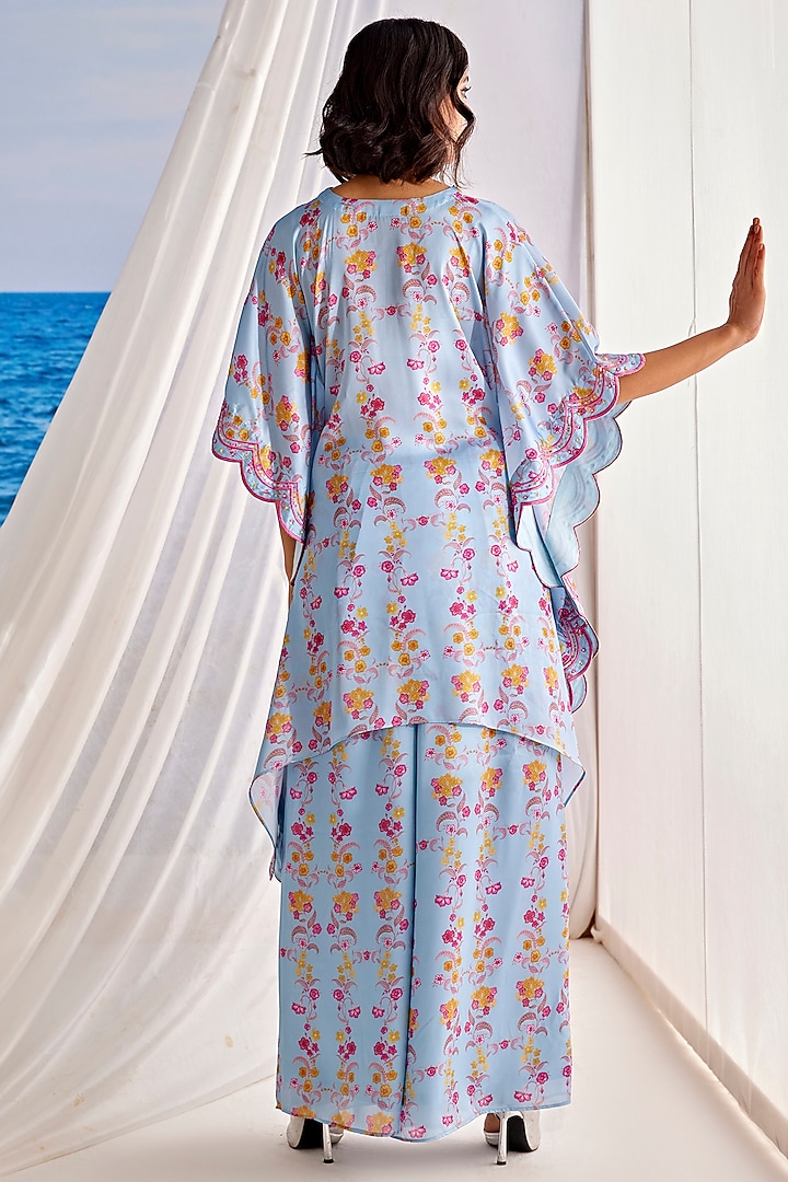 Powder Blue Satin Georgette Digital Printed & Hand Embroidered Kaftan Set by TARINI VIJ at Pernia's Pop Up Shop