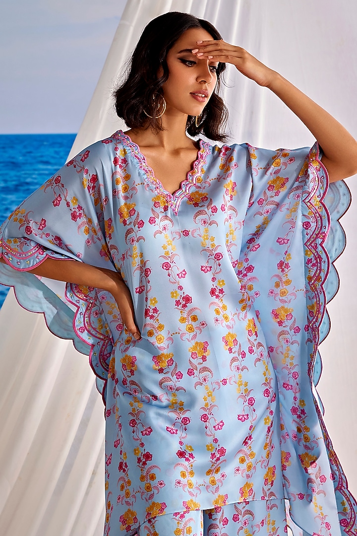 Powder Blue Satin Georgette Digital Printed & Hand Embroidered Kaftan Set by TARINI VIJ at Pernia's Pop Up Shop
