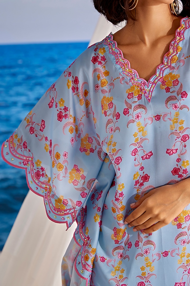 Powder Blue Satin Georgette Digital Printed & Hand Embroidered Kaftan Set by TARINI VIJ at Pernia's Pop Up Shop