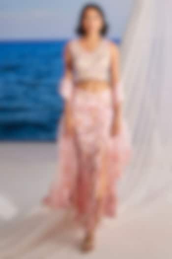 Baby Pink Satin Georgette Digital Printed Draped Lehenga Set by TARINI VIJ at Pernia's Pop Up Shop