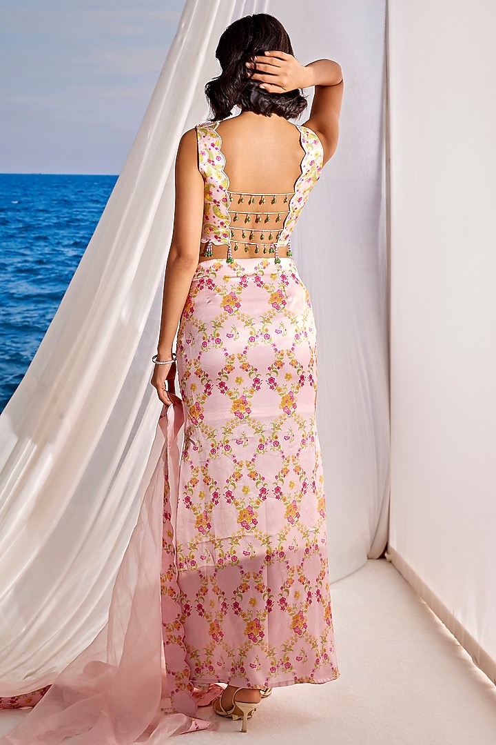 Baby Pink Satin Georgette Digital Printed Draped Lehenga Set by TARINI VIJ at Pernia's Pop Up Shop