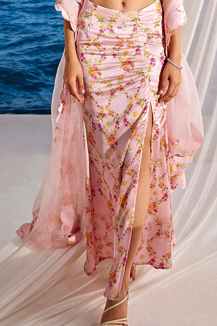 Baby Pink Satin Georgette Digital Printed Draped Lehenga Set by TARINI VIJ at Pernia's Pop Up Shop