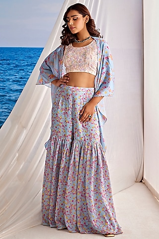 Blue Satin Georgette Digital Printed Sharara Set by TARINI VIJ