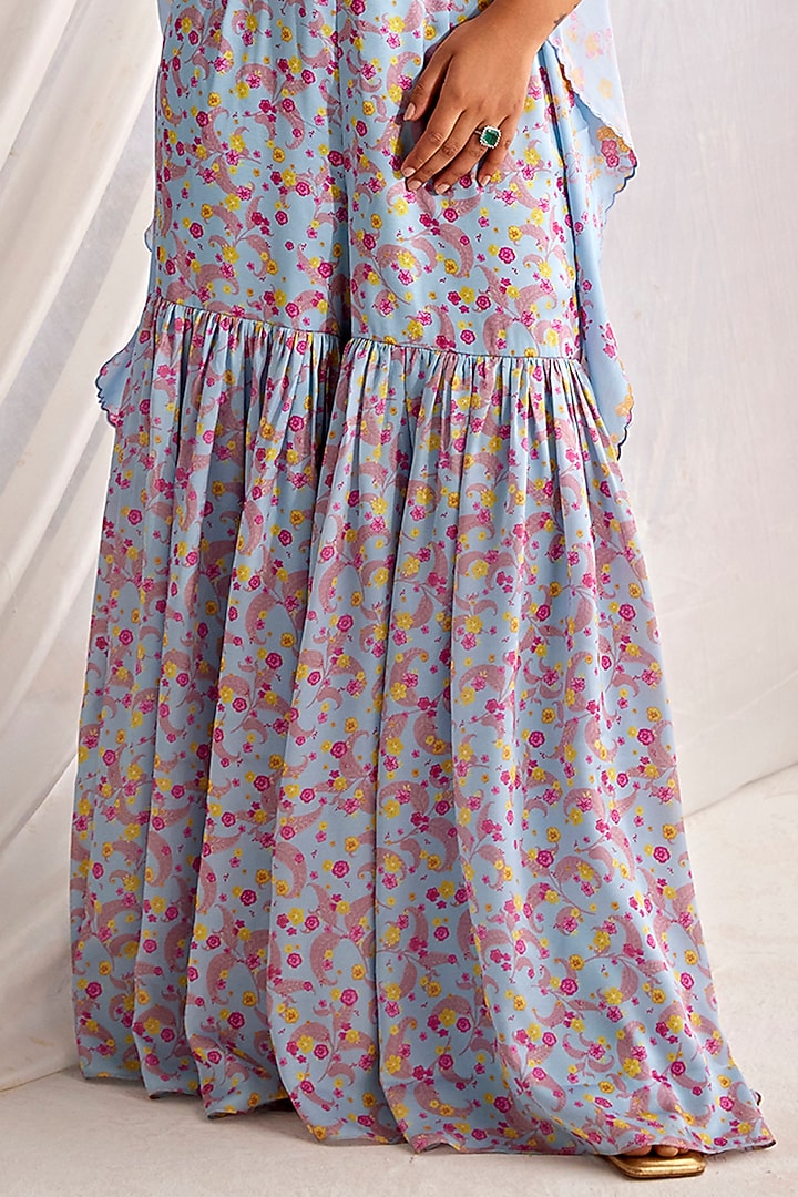 Blue Satin Georgette Digital Printed Party Wear Sharara Set by TARINI VIJ at Pernia's Pop Up Shop