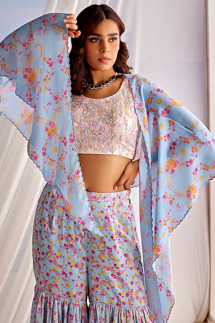 Blue Satin Georgette Digital Printed Party Wear Sharara Set by TARINI VIJ at Pernia's Pop Up Shop