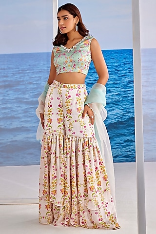 White Satin Georgette Digital Printed Sharara Set by TARINI VIJ