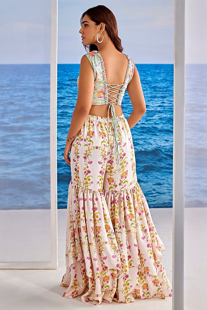 White Satin Georgette Digital Printed Party Wear Sharara Set by TARINI VIJ at Pernia's Pop Up Shop