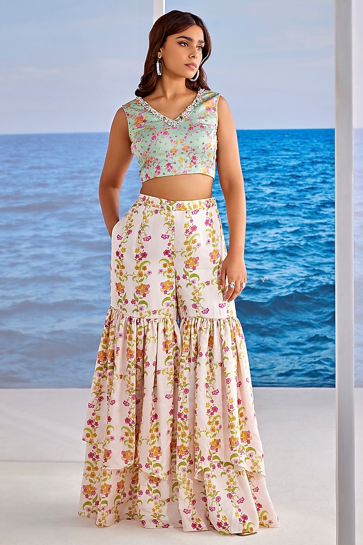 White Satin Georgette Digital Printed Party Wear Sharara Set by TARINI VIJ at Pernia's Pop Up Shop