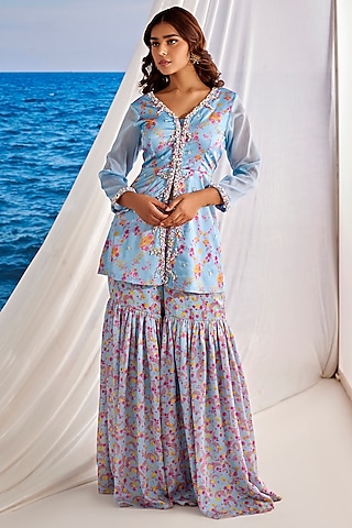 Powder Blue Satin Georgette & Organza Digital Printed Sharara Set by TARINI VIJ