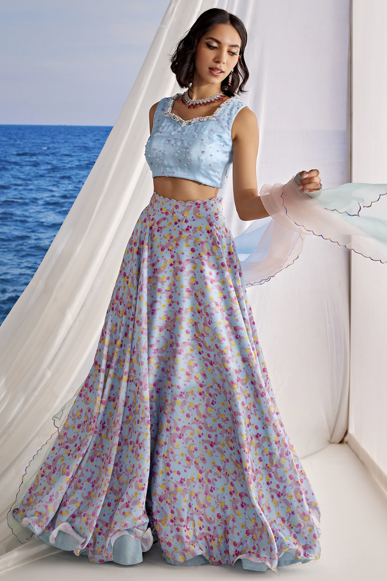 Powder Blue Satin Georgette Digital Printed Lehenga Set by TARINI VIJ at Pernia's Pop Up Shop