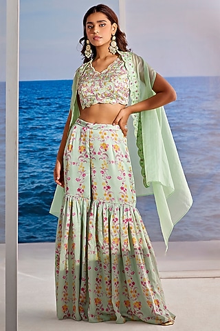Mint Satin Georgette Digital Printed Gharara Set by TARINI VIJ
