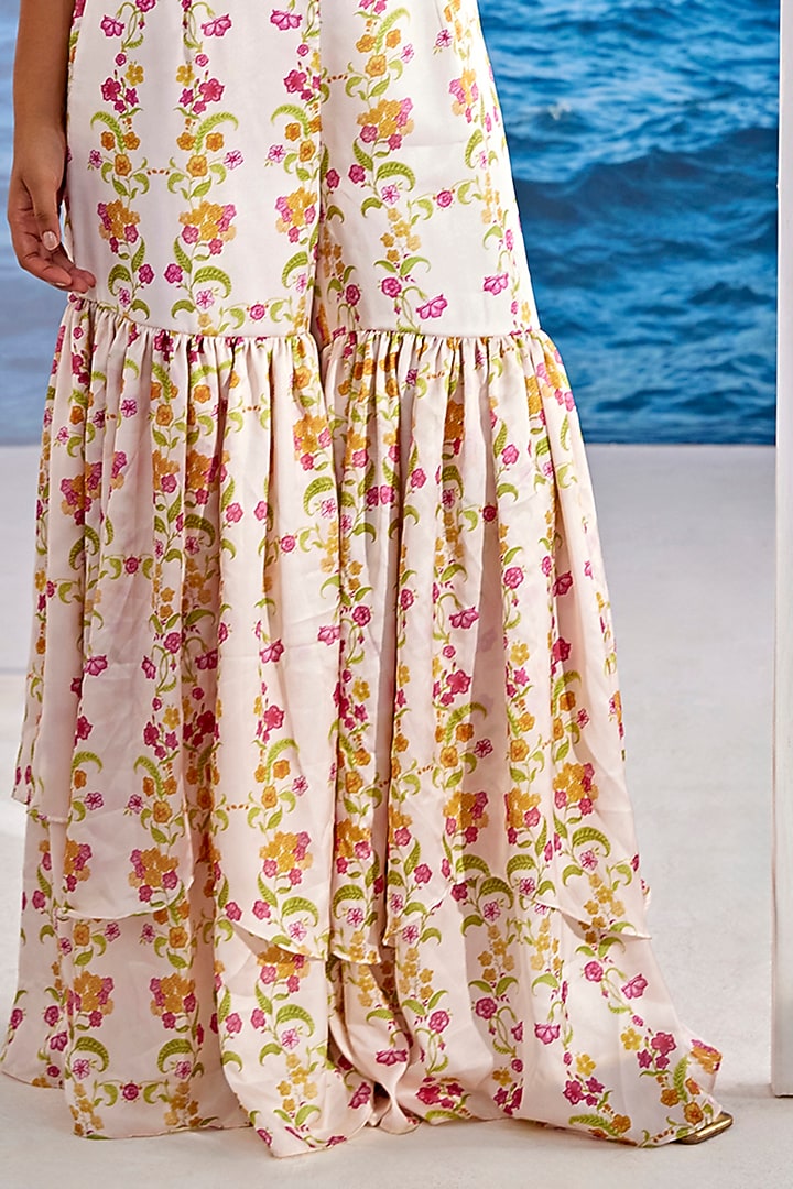 White Satin Georgette Digital Printed Gharara Set by TARINI VIJ at Pernia's Pop Up Shop