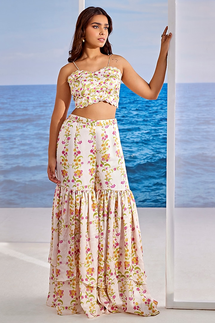 White Satin Georgette Digital Printed Gharara Set by TARINI VIJ at Pernia's Pop Up Shop