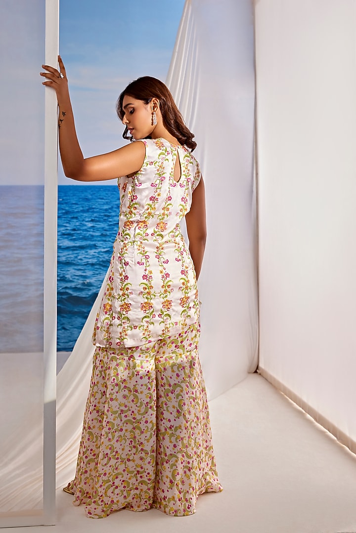 White Satin Georgette Digital Printed Party Wear Sharara Set by TARINI VIJ at Pernia's Pop Up Shop