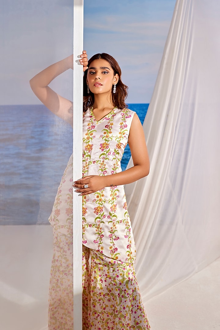 White Satin Georgette Digital Printed Party Wear Sharara Set by TARINI VIJ at Pernia's Pop Up Shop